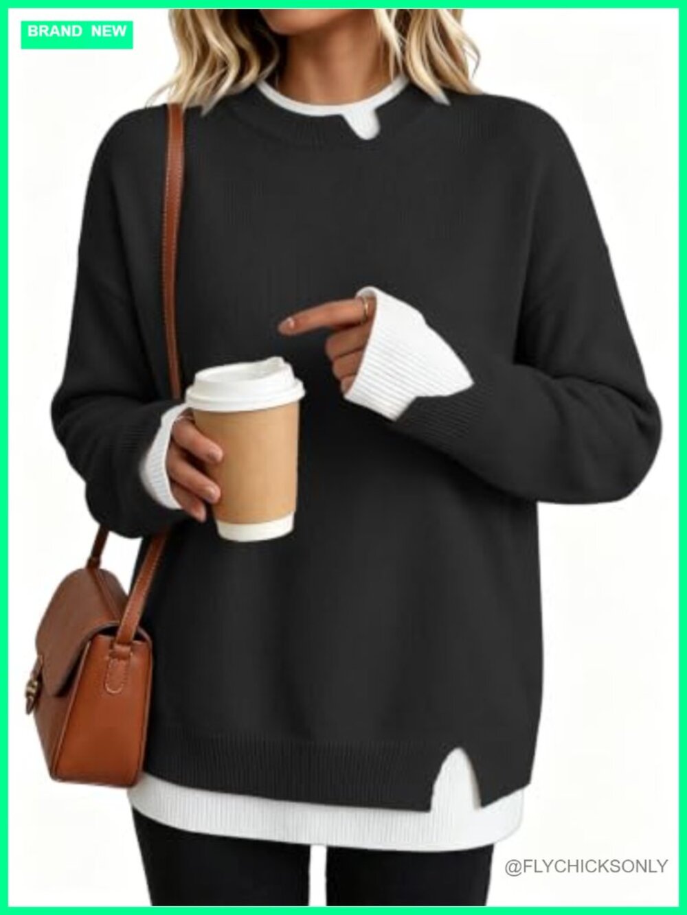 Womens Patchwork Sweater Crew Neck Long Sleeve Loose Fit Knit Pullover
